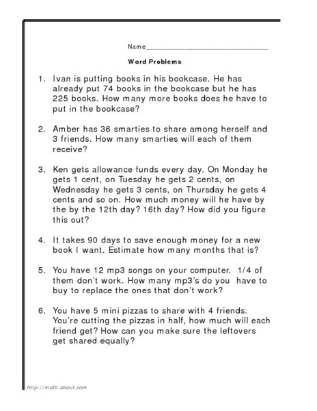 Word Problems Addition Subtraction Multiplication Division