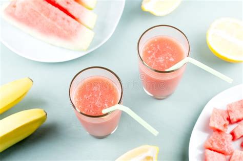 Watermelon Smoothie With Banana And Lemon Summer Healthy Refreshment