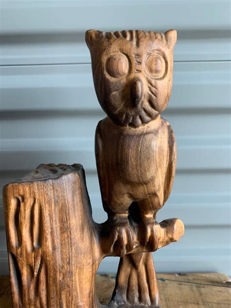 Wood Owl Hand Carved Vintage Home Decor Rustic Cabin Large Etsy