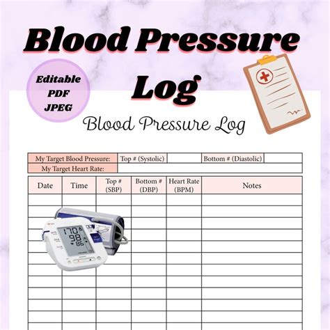 Blood Pressure Log Editable Template Printable Pdf And Jpeg Etsy