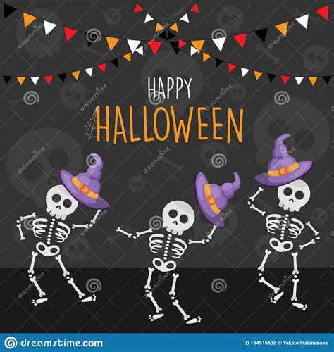 Happy Halloween Dancing Skeletons Cartoon Background Vector