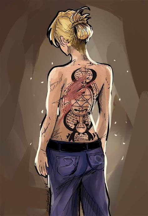 A Drawing Of A Woman With Tattoos On Her Chest And Back Standing In