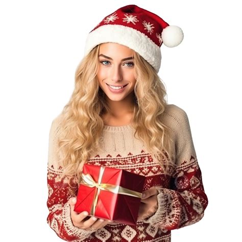 فتاة شقراء جميلة ترتدي قبعة سانتا كلوز سترة عيد الميلاد وتحمل صندوق هدايا 4k فتاة فتاة صغيرة