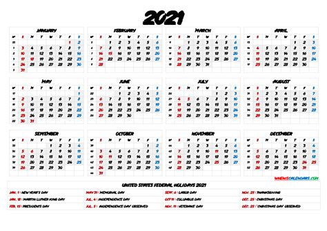 Printable 2021 Calendar With Holidays 9 Templates