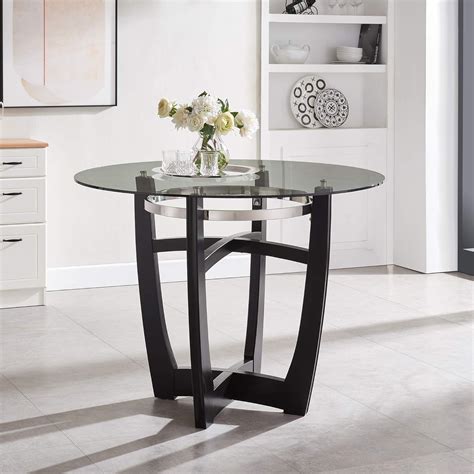 42 Round Tempered Glass Top Counter Height Table With Solid Wood Base For Living