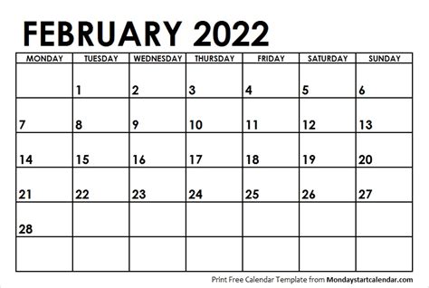 February 2022 Calendar Monday Start February Month Template