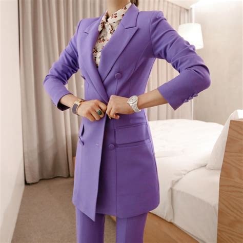 Bgteever Fashion Purple Women Pant Suit Double Breasted Long Blazer