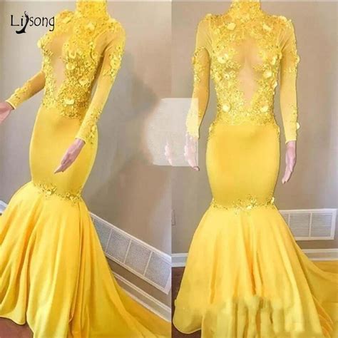 Yellow Sexy Mermaid Lace Prom Dresses Full Sleeves 3d Flower Newest African Elastic Prom Gowns
