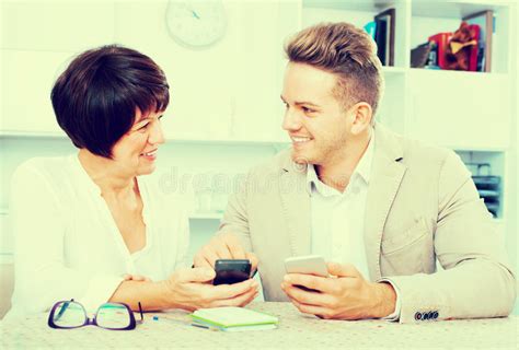 Mother And Son With Smartphones Stock Image Image Of Discuss Mother