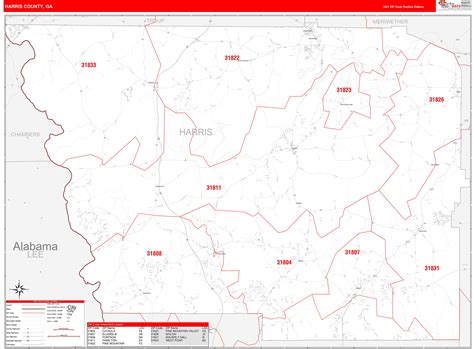 Harris County Ga Zip Code Wall Map Red Line Style By Marketmaps Mapsales