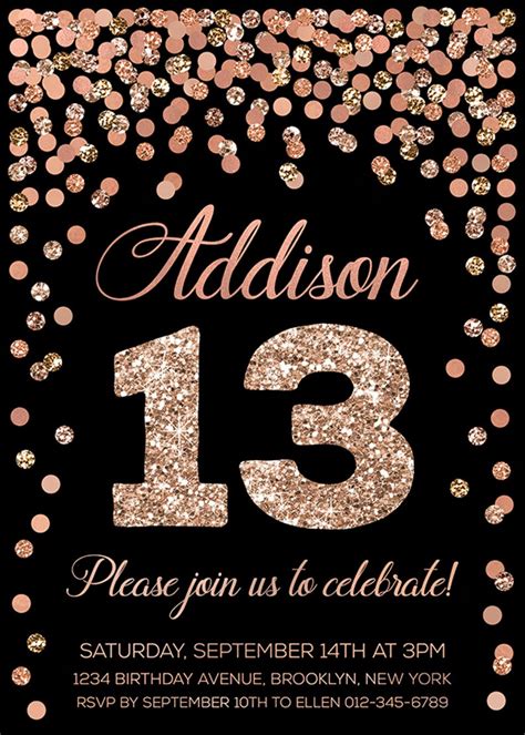 Girl 13th Birthday Invitation Personalized Rose Gold Confetti Etsy