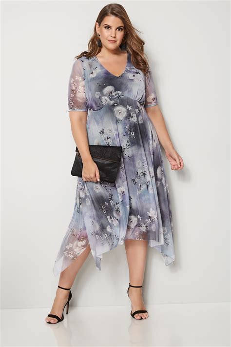 Yours London Grey Floral Midi Dress With Hanky Hem Plus
