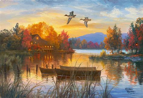Fall Tranquility Artwork Ducks Painting Boats Autumn Trees Lake