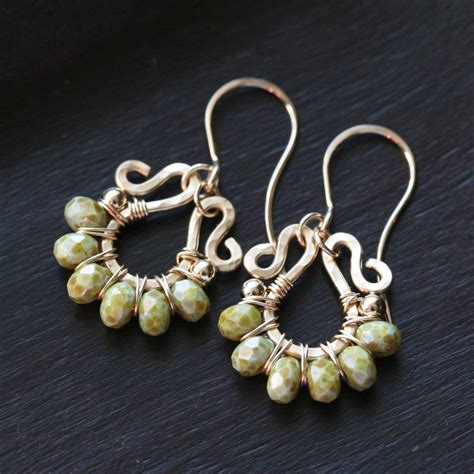Green Czech Glass Dangle Earrings K Gold Filled Wire Etsy Small