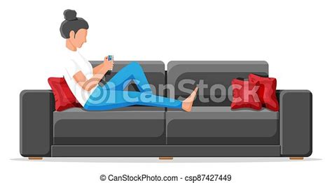 Young Woman Holding Smartphone Lying On Sofa Female Character Using