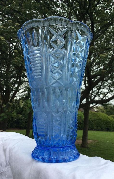 Vintage Art Deco Style Blue Pressed Glass Flower Vase Cottage Decor 1930s 1940s Vintage