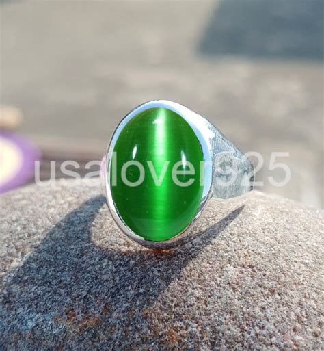 green cats eye ring handmade silver ring mens silver ring oval stone ring handmade jewelry