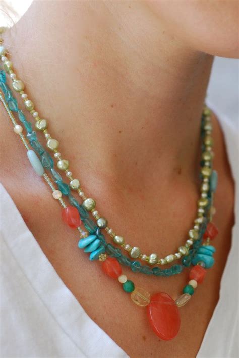 Multi Strand Beaded Necklace Coral And Turquoise Necklace Stateme