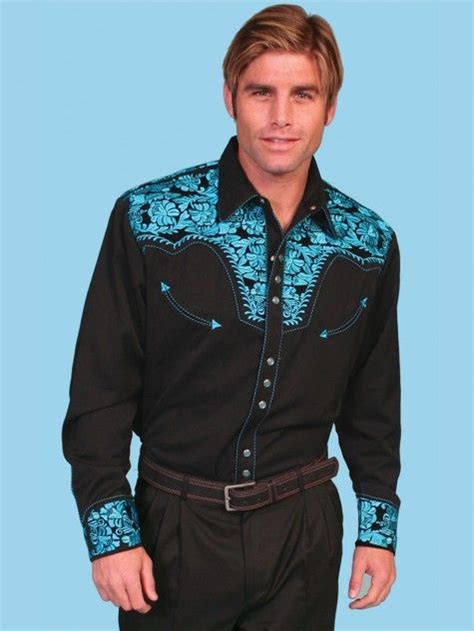 Scully® Mens Black Turquoise Saddle Tooled Embroidered Ls Western Show