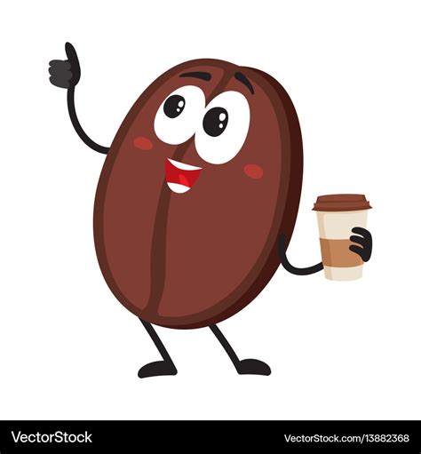 Funny Coffee Bean Character With Paper Cup Showing