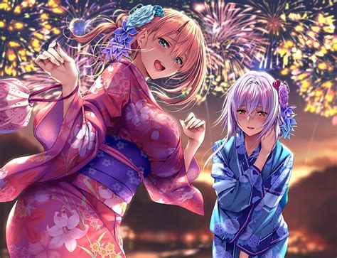 Anime Girls Yukata Anime Festival Summer Friends Fireworks