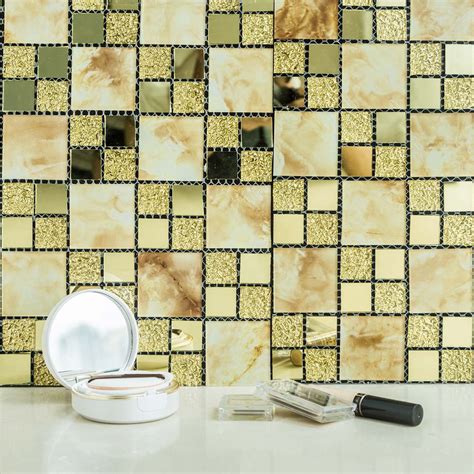 Efavormart 10 Pack Self Adhesive Gold Backsplash Peel And Stick Marble Glass Mirror Mosiac Wall
