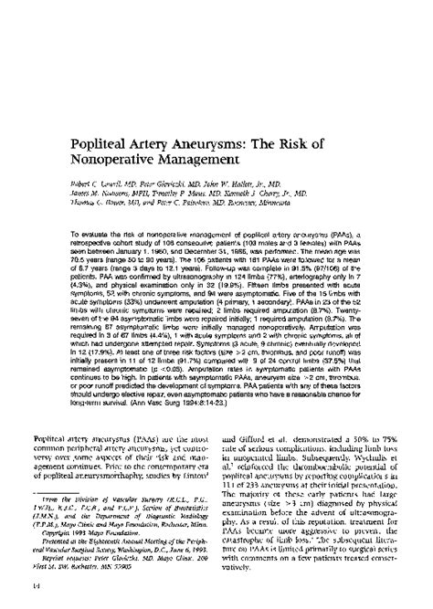 Pdf Popliteal Artery Aneurysms The Risk Of Nonoperative Management