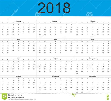 Arskalender för utskrift / utskrift av kalendern via pdf : 2018 fulla årskalender stock illustrationer. Illustration av affär - 77058562