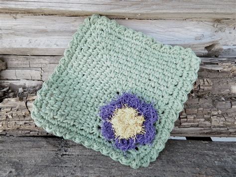 Lauras Frayed Knot Hand Crochet Flower Scrubby Washcloth