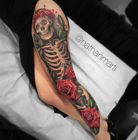 Skeleton And Roses Leg Sleeve Best Tattoo Ideas And Designs