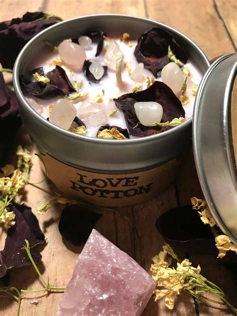 6oz Love Potion Candlesoy Candle With Infused Flowers And Rose Quartz