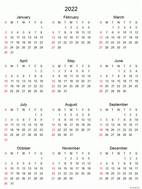 Printable Yearly Calendar 2022 Full Year Free Printable Calendars All In One Photos