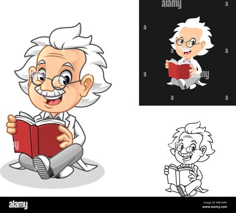 Happy Old Man Professor With Glasses Reading A Book Cartoon Character