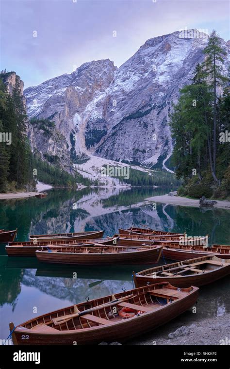 Rowing Boats At Lago Di Braies Dolomites South Tyrol Italy Stock