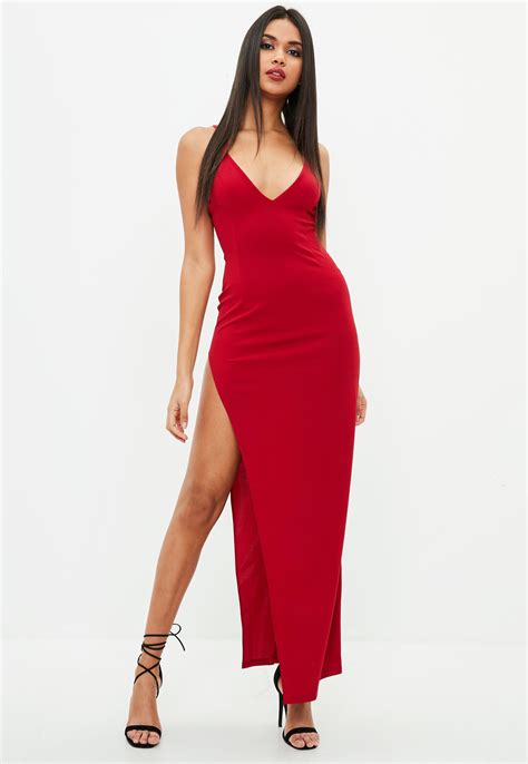 Missguided Red Stretch Multi Strap Plunge Split Maxi Dress In Red Lyst