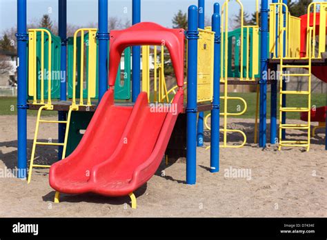 Childrens Playground Slides School Grounds Outdoors Stock Photo Alamy