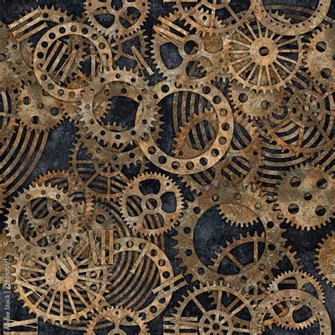 Steampunk Gear Collection With Rust Texture Seamless Pattern Stock