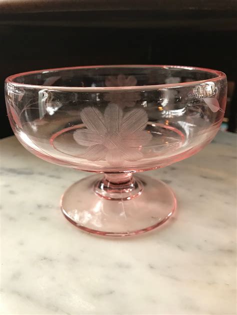Blush Pink Depression Glass Compote Etched With Flowers And Etsy