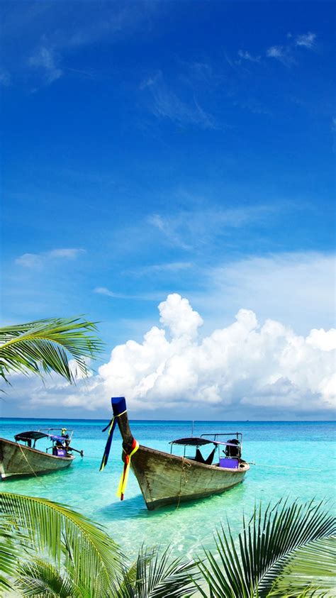 Palm Trees Boats Sea Tropical Blue Sky White Clouds 1242x2688