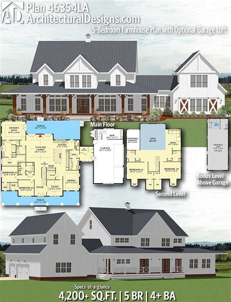 Plus, it offers a bonus room as well. Plan 46354LA: 5-Bedroom Farmhouse Plan with Optional ...