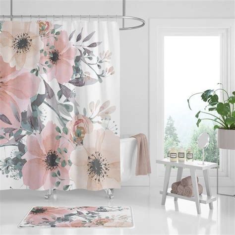 Floral Shower Curtain Gray And Peach Watercolor Design Etsy Pink