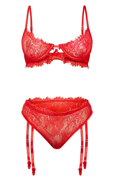 red satin trim underwired lace lingerie set prettylittlething usa