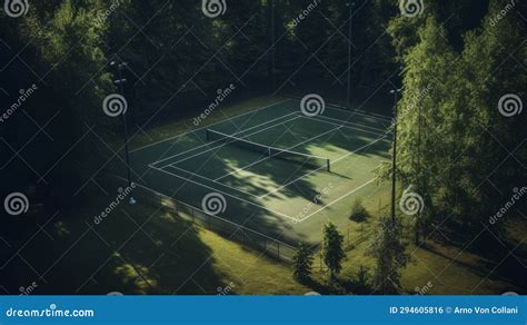 Secluded Tennis Court Nestled Amidst a Serene Forest Canopy Stock