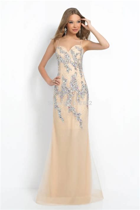 Elegant Spaghetti Strap Sweetheart Crystals Long Luxury Evening Gowns