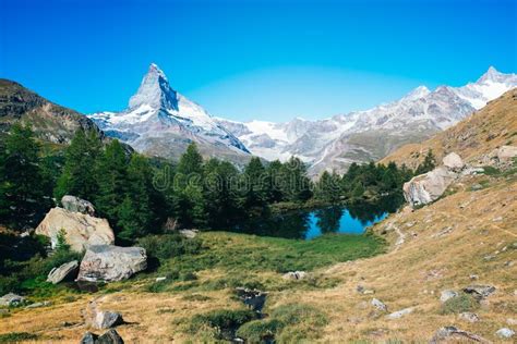 Grindjisee Beautiful Lake With Reflection Of Matterhorn At Zermatt