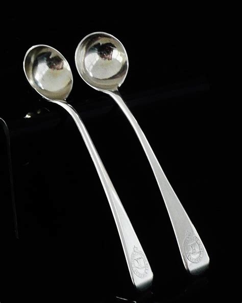Pair English Antique Sterling Silver Salt Spoons Crested London 1805
