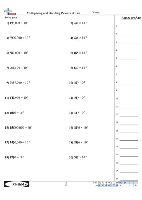 Multiplying And Dividing Powers Of Ten - Math Worksheet With Answer Key