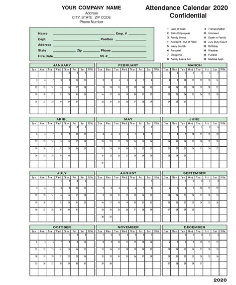 Catch 2020 Employee Attendance Calendar Printable Calendar Printables