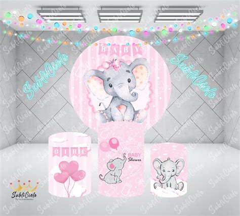 Kit Panel Redondo Forros De Cilindros Baby Shower Elefantita Rosada