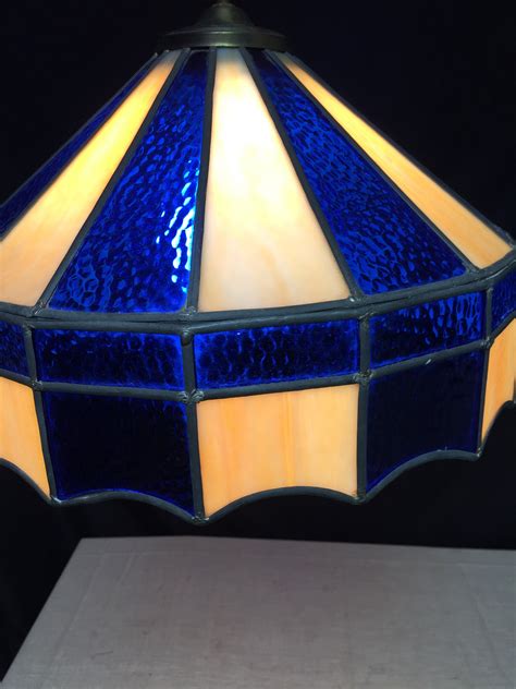 Vintage Blue Beige Leaded Slag Glass Hanging Chandelier Light Fixture